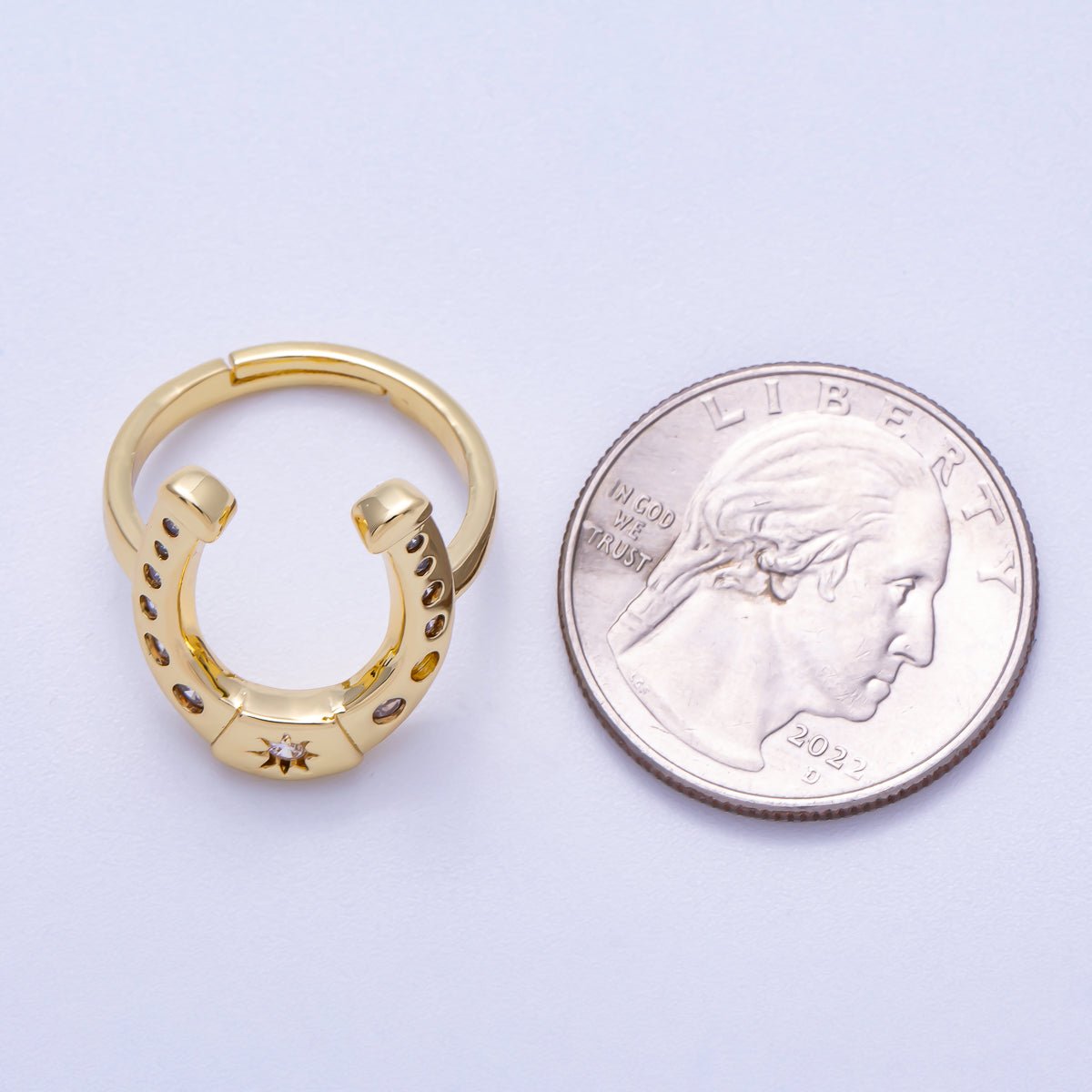 16K Gold Filled Clear CZ Dotted Celestial Sun Horse Shoe Adjustable Ring | Rings - 00073 - DLUXCA