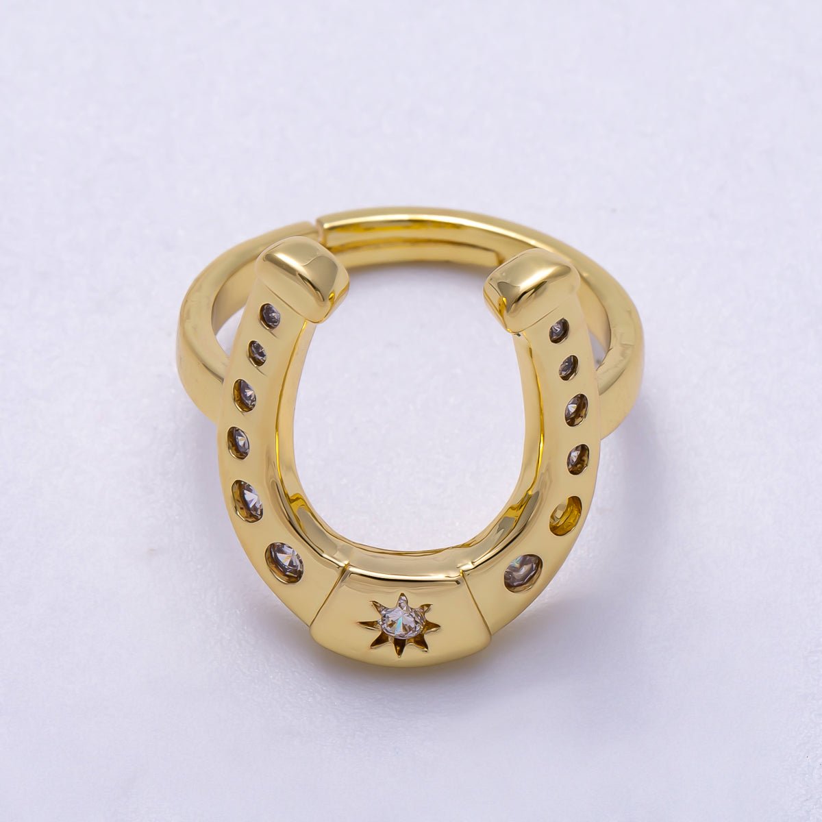 16K Gold Filled Clear CZ Dotted Celestial Sun Horse Shoe Adjustable Ring | Rings - 00073 - DLUXCA