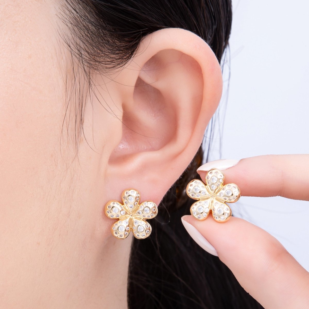 16K Gold Filled Clear CZ Dotted Chubby Flower Stud Earring | Earrings - 00293 - DLUXCA