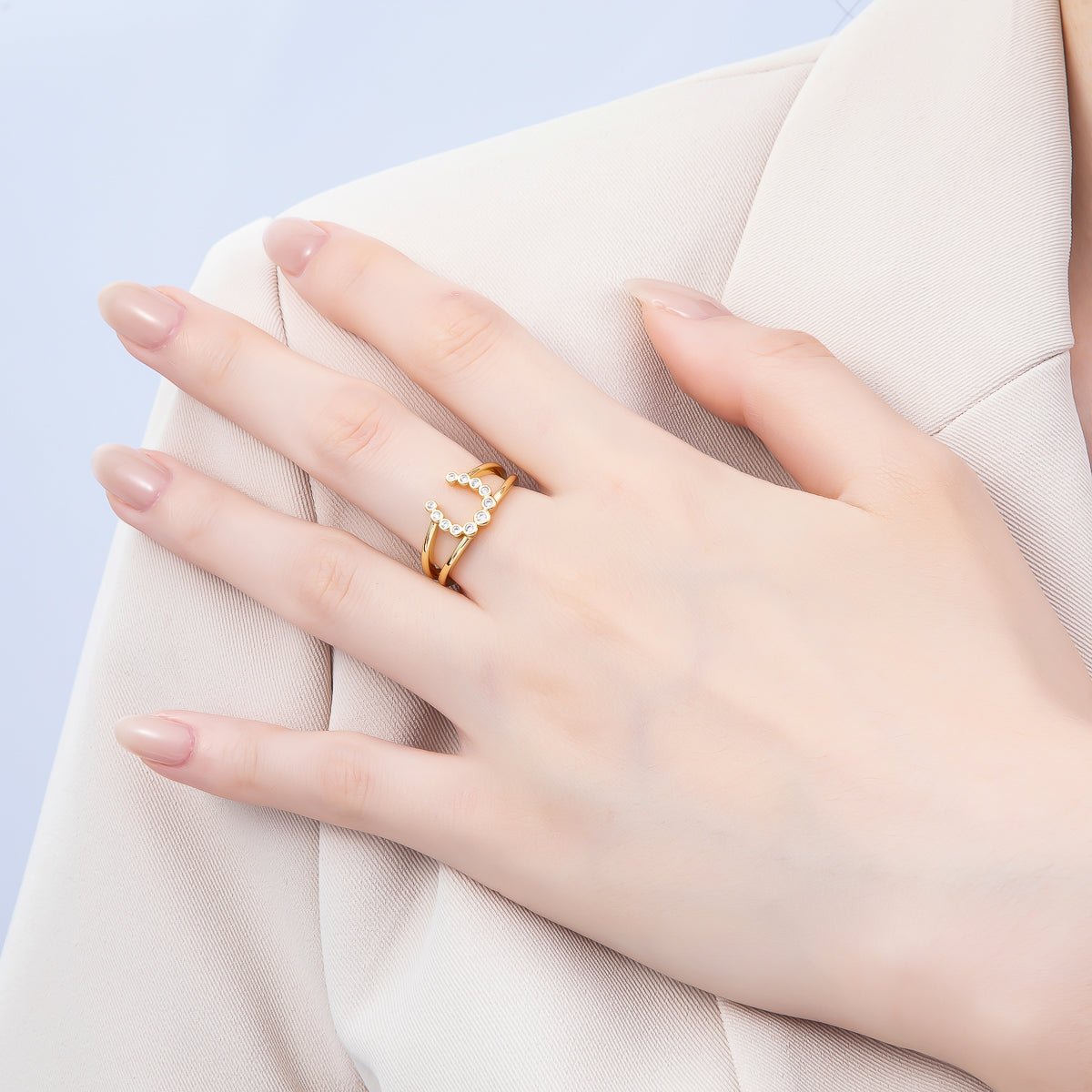16K Gold Filled Clear CZ Dotted CZ Horse Shoe Double Band Ring | Rings - 00074 - DLUXCA