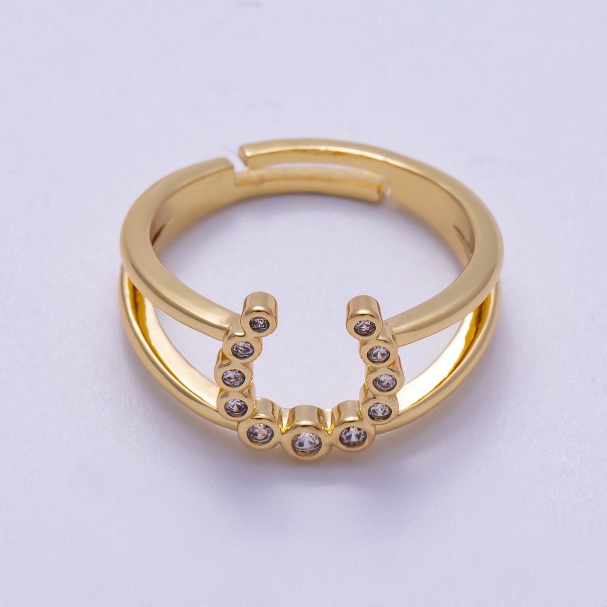 16K Gold Filled Clear CZ Dotted CZ Horse Shoe Double Band Ring | Rings - 00074 - DLUXCA