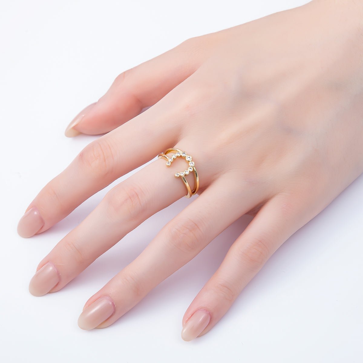 16K Gold Filled Clear CZ Dotted CZ Horse Shoe Double Band Ring | Rings - 00074 - DLUXCA