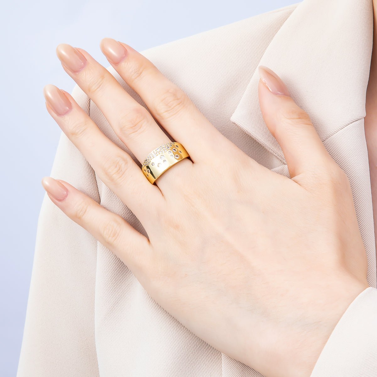 16K Gold Filled Clear CZ Dotted Micro Paved Wide Ring | Rings-00192 - DLUXCA