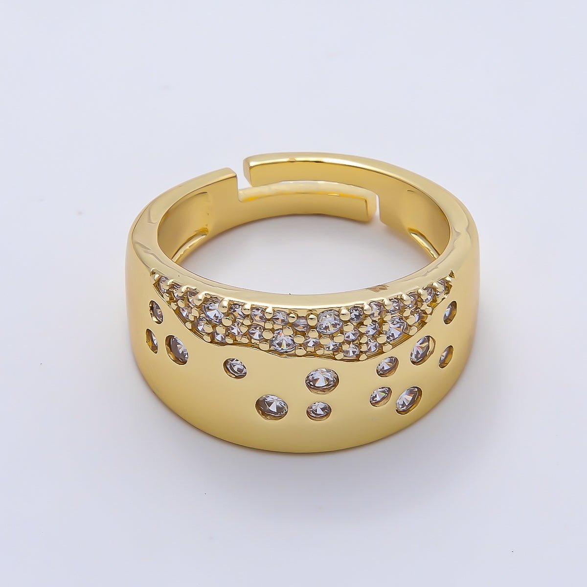 16K Gold Filled Clear CZ Dotted Micro Paved Wide Ring | Rings-00192 - DLUXCA