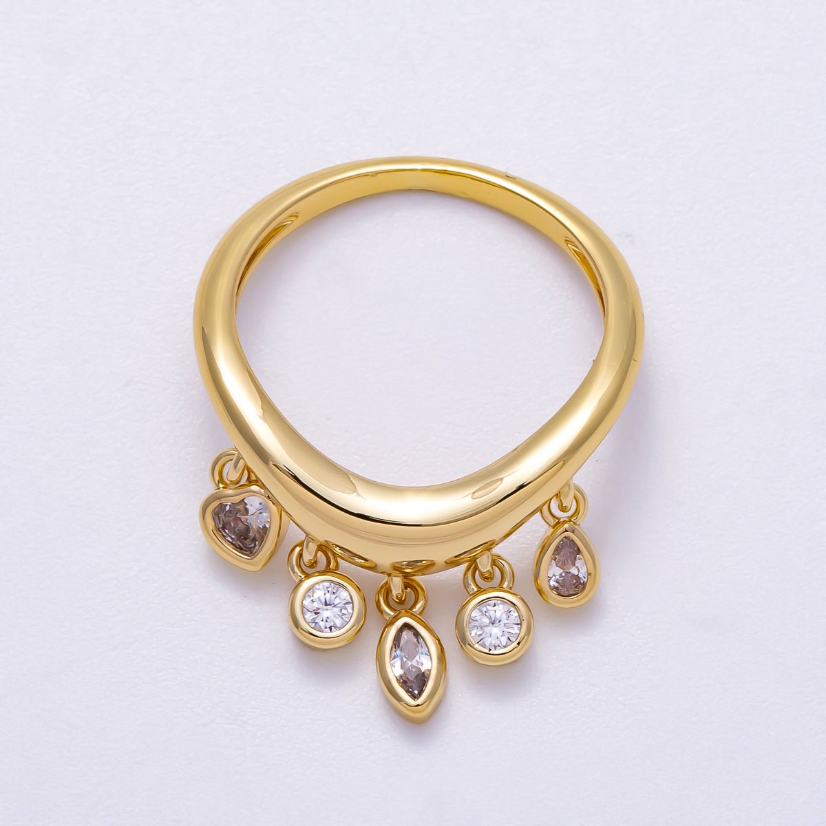 16K Gold Filled Clear CZ Drop Geometric Curved Ring | Rings - 00075 - DLUXCA