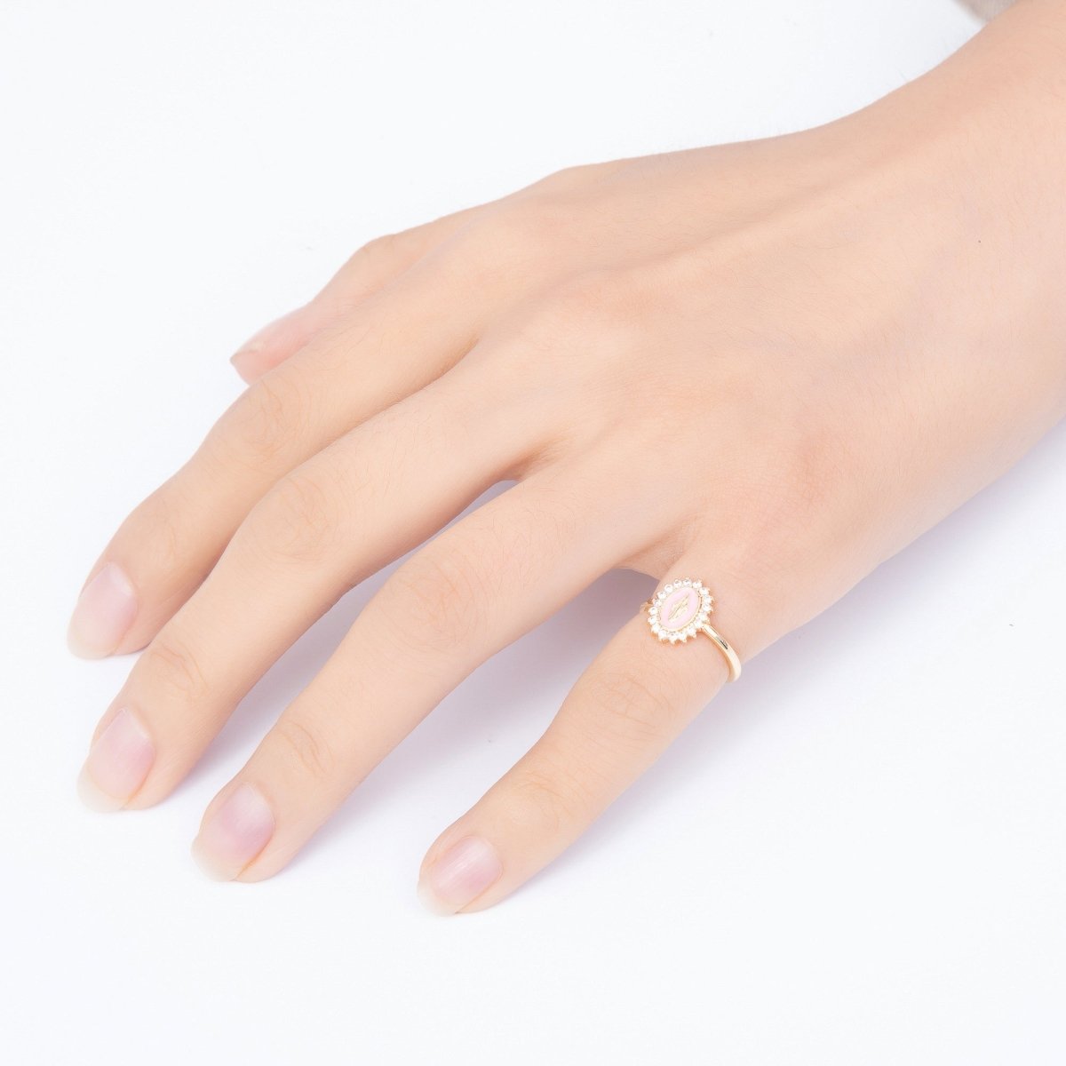 16K Gold Filled Clear CZ Enamel Virgin Mary Oval Adjustable Ring | Rings-00353 - DLUXCA