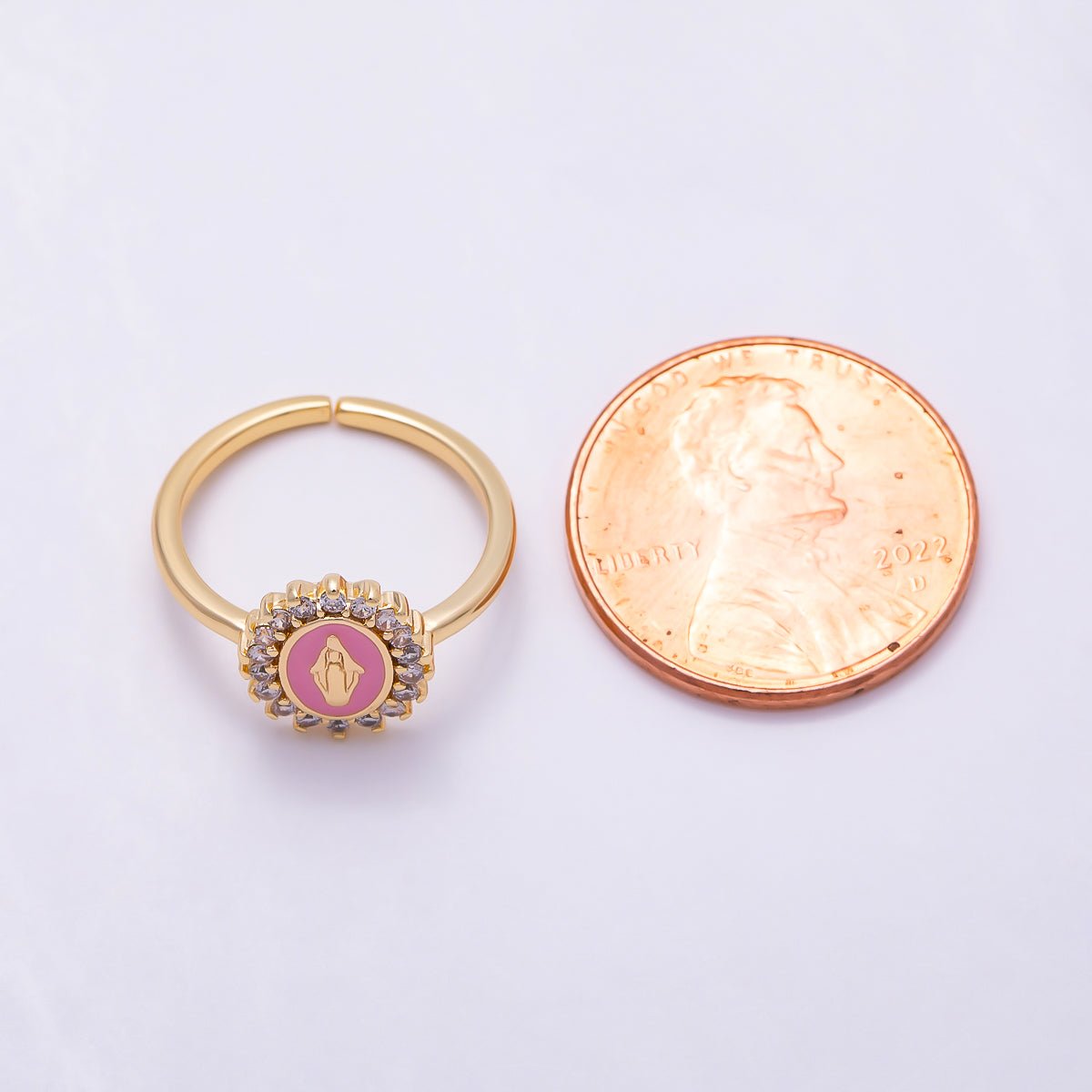 16K Gold Filled Clear CZ Enamel Virgin Mary Oval Adjustable Ring | Rings-00353 - DLUXCA