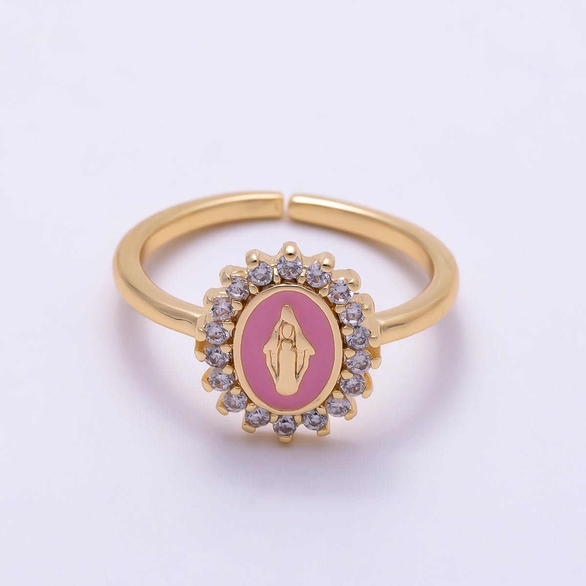 16K Gold Filled Clear CZ Enamel Virgin Mary Oval Adjustable Ring | Rings-00353 - DLUXCA