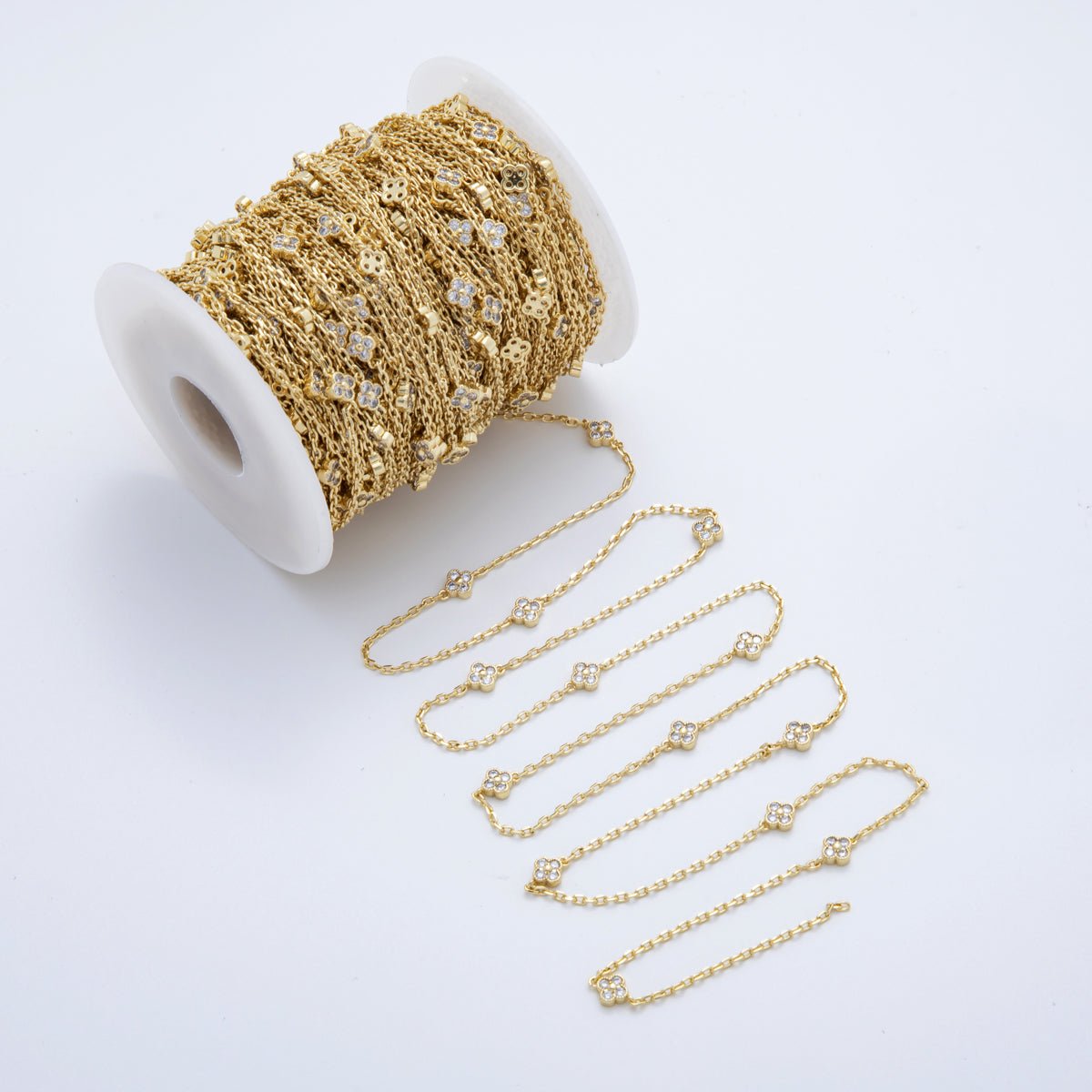 16K Gold Filled Clear CZ Flower Cable Unfinished Chain by Yard | Roll - 1617 - DLUXCA