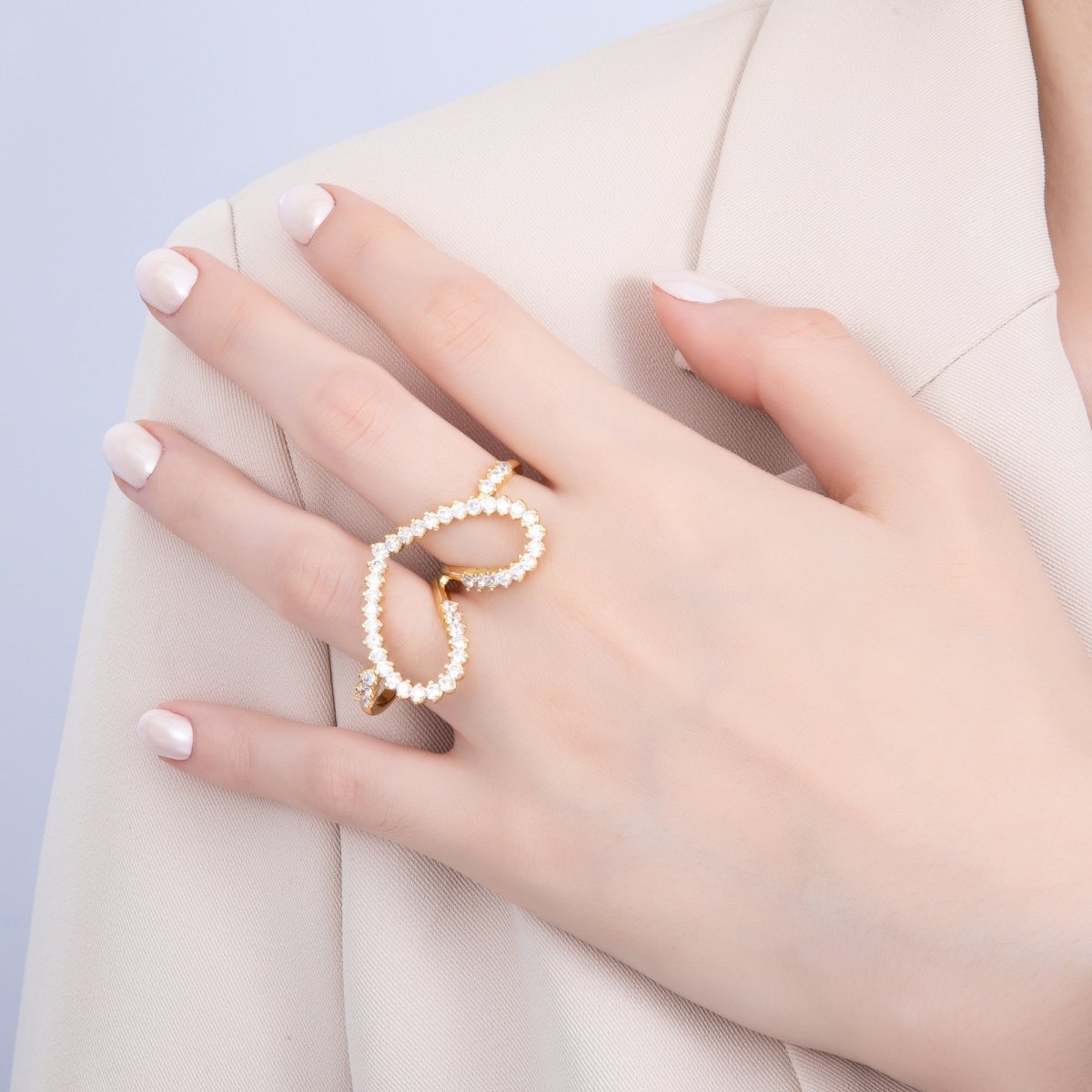 16K Gold Filled Clear CZ Heart Double Band Adjustable Ring | Rings - 00058 - DLUXCA