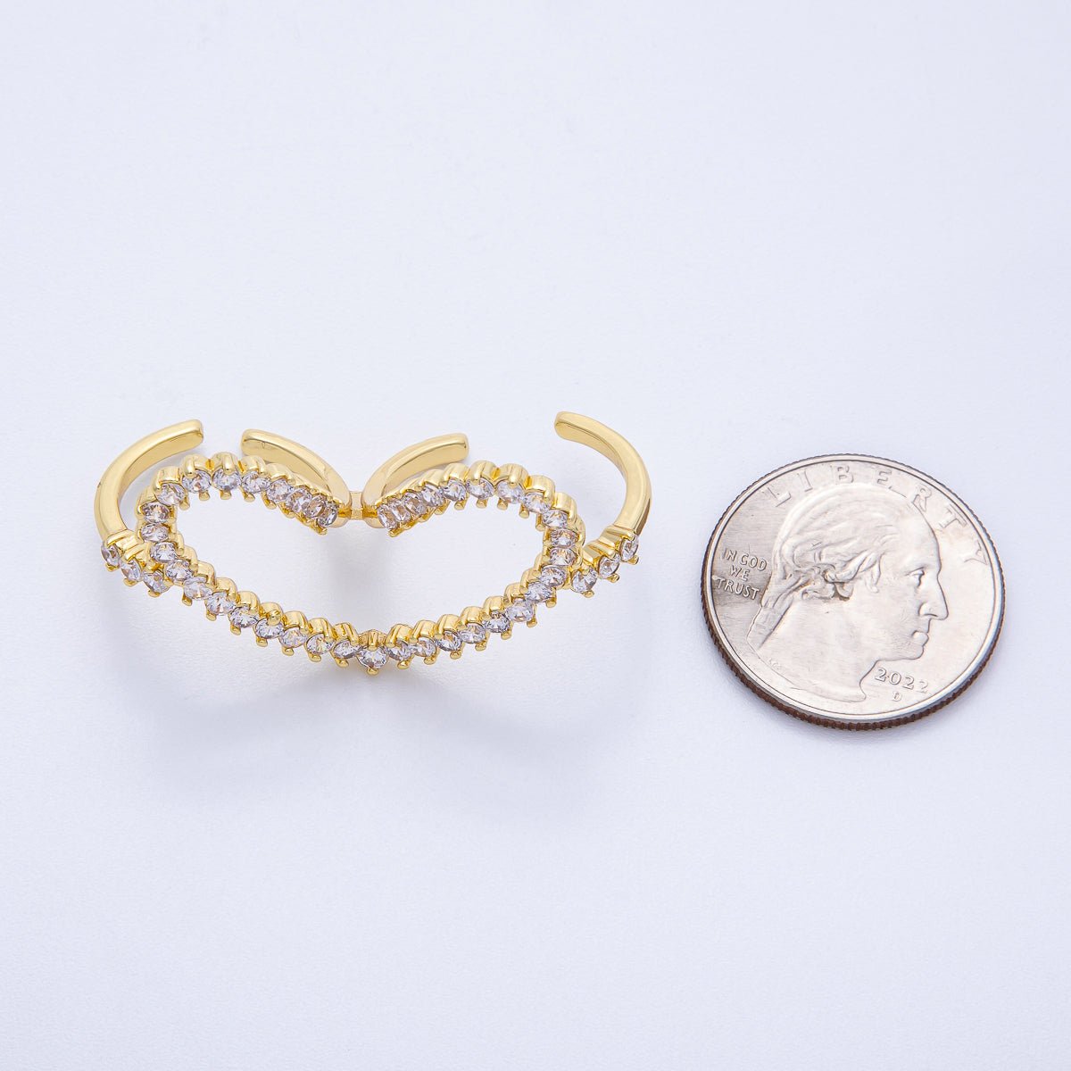 16K Gold Filled Clear CZ Heart Double Band Adjustable Ring | Rings - 00058 - DLUXCA