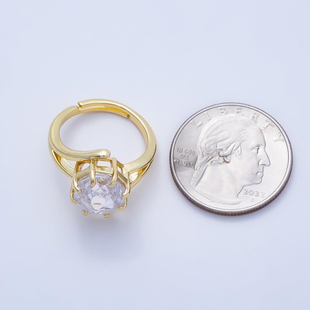 16K Gold Filled Clear CZ Hexagon Prong Solitaire Double Band Ring | Rings-00274 - DLUXCA