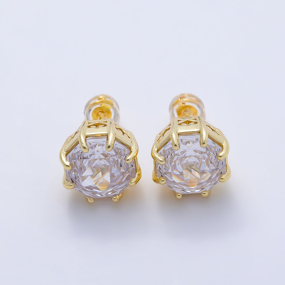 16K Gold Filled Clear CZ Hexagon Prong Stud | Earrings-00679 - DLUXCA