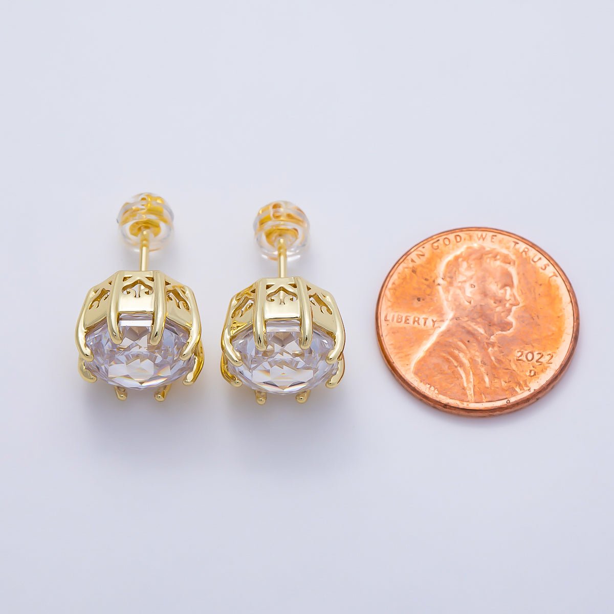 16K Gold Filled Clear CZ Hexagon Prong Stud | Earrings-00679 - DLUXCA