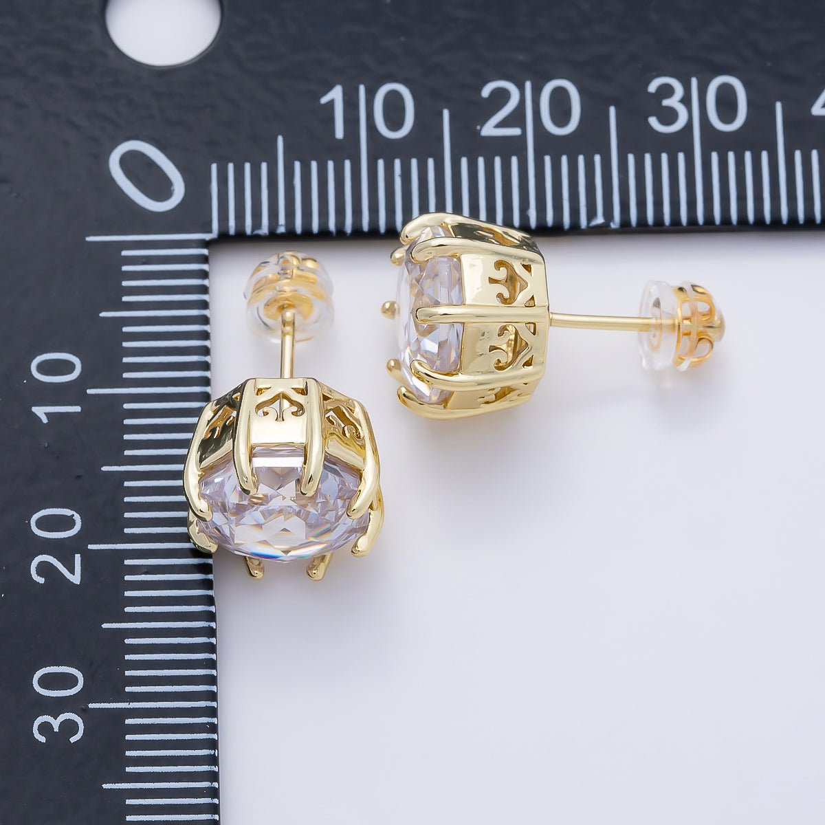 16K Gold Filled Clear CZ Hexagon Prong Stud | Earrings-00679 - DLUXCA