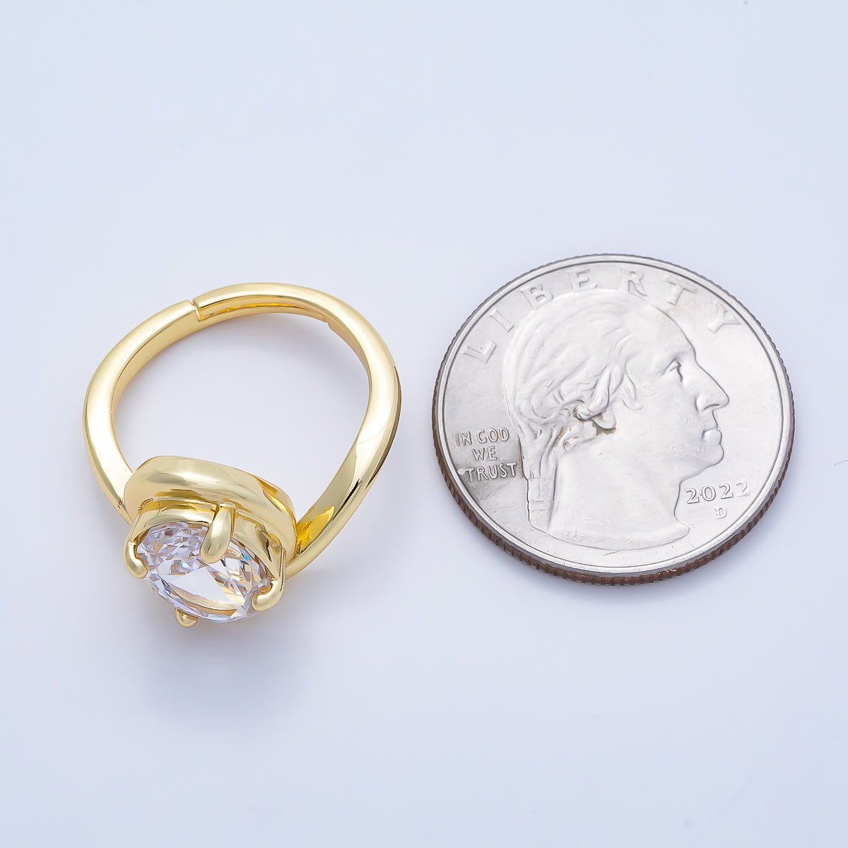 16K Gold Filled Clear CZ Oval Prong Bezel Curved Ring | Rings-00280 - DLUXCA