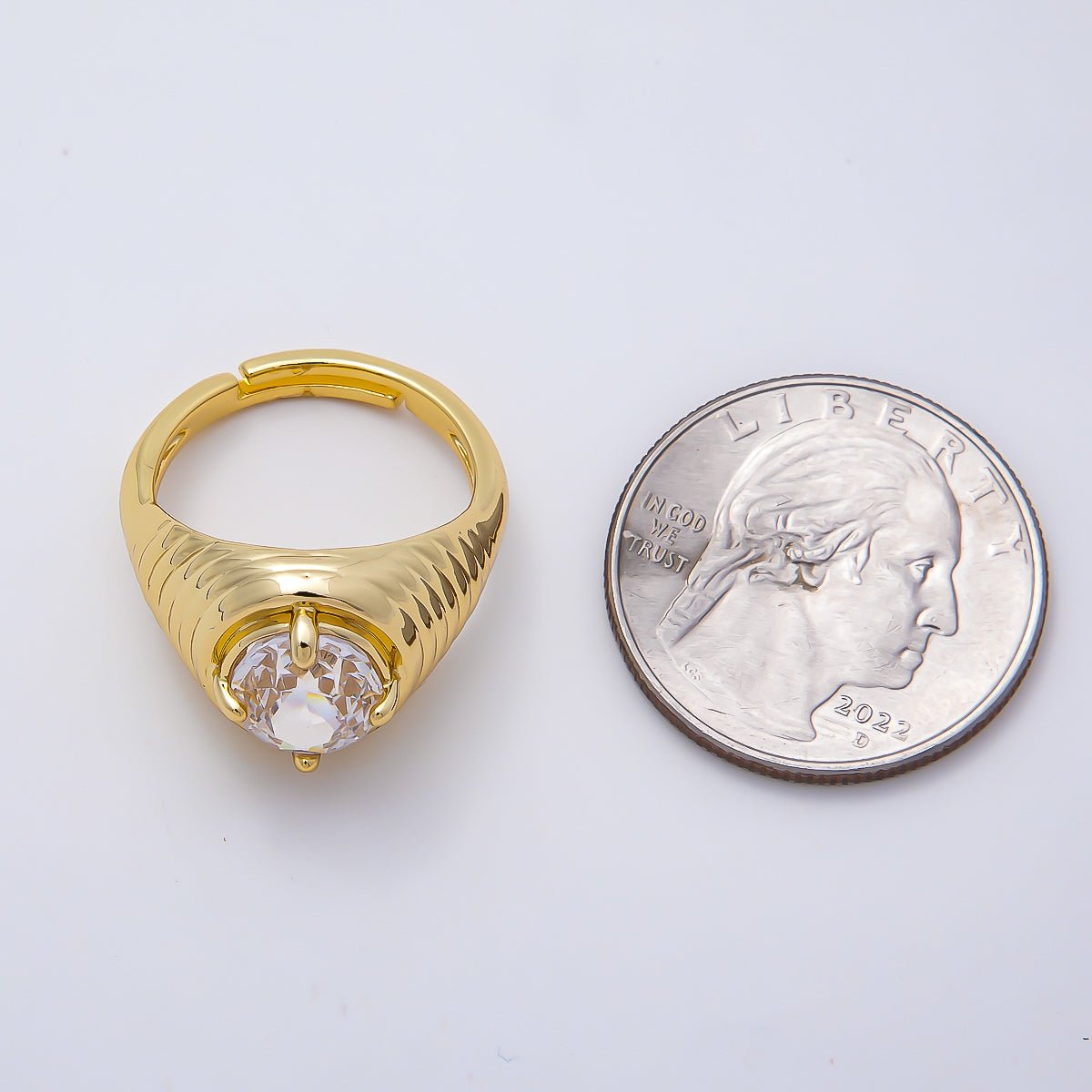 16K Gold Filled Clear CZ Round Solitaire Ribbed Signet Ring | Rings-00169 - DLUXCA