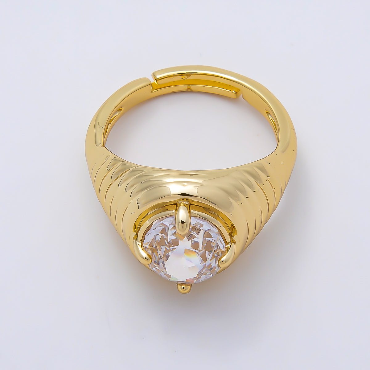 16K Gold Filled Clear CZ Round Solitaire Ribbed Signet Ring | Rings-00169 - DLUXCA