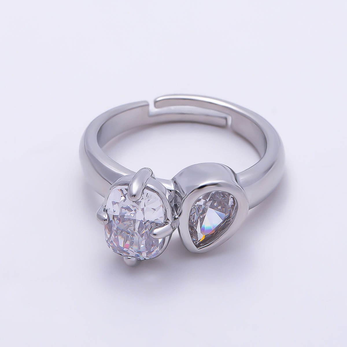 16K Gold Filled Clear CZ Teardrop Bezel Oval Prong Toi et Moi Solitaire Ring in Gold & Silver | Rings-00276 Rings-00277 - DLUXCA