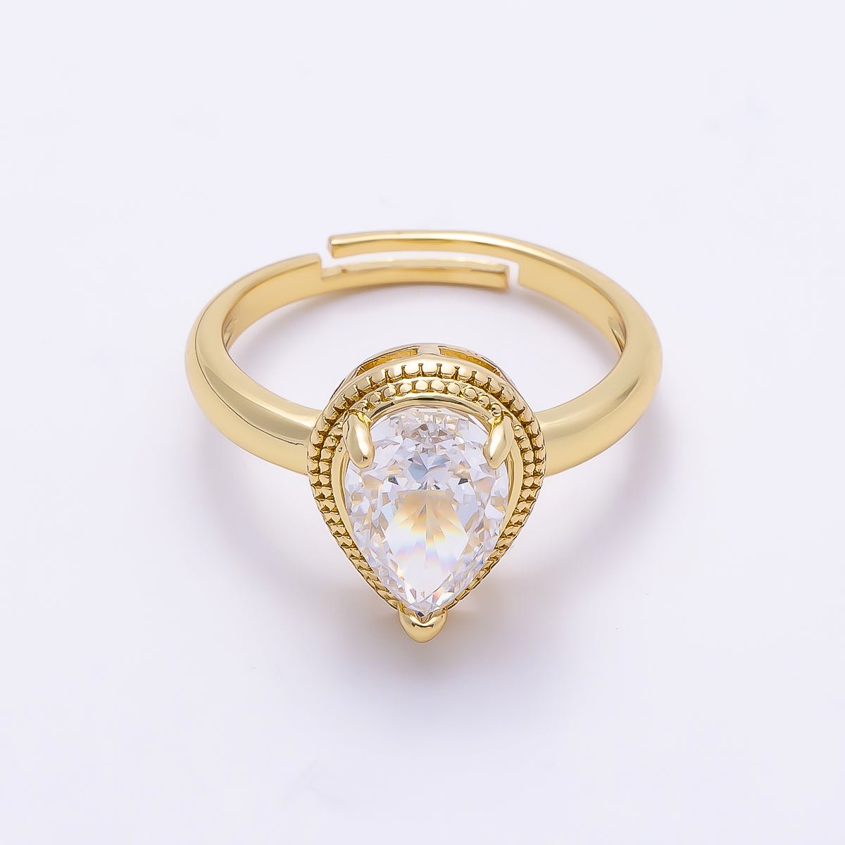 16K Gold Filled Clear CZ Teardrop Bezel Solitaire Ring | Rings-00283 - DLUXCA