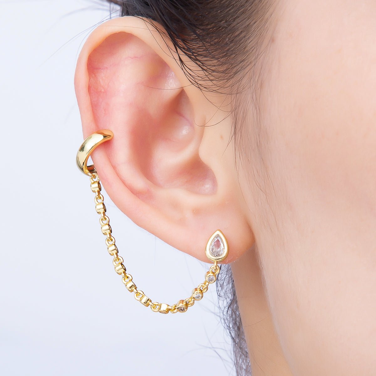 16K Gold Filled Clear CZ Teardrop Round Bezel Stud Chain Drop Ear Cuff | Earrings-00682 - DLUXCA