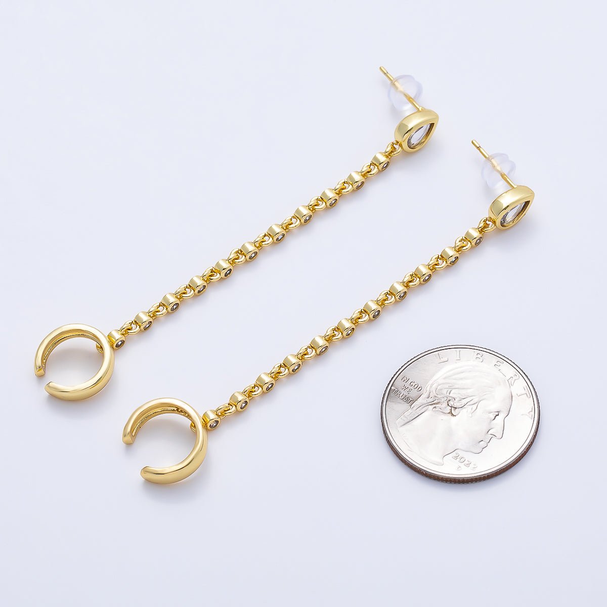 16K Gold Filled Clear CZ Teardrop Round Bezel Stud Chain Drop Ear Cuff | Earrings-00682 - DLUXCA