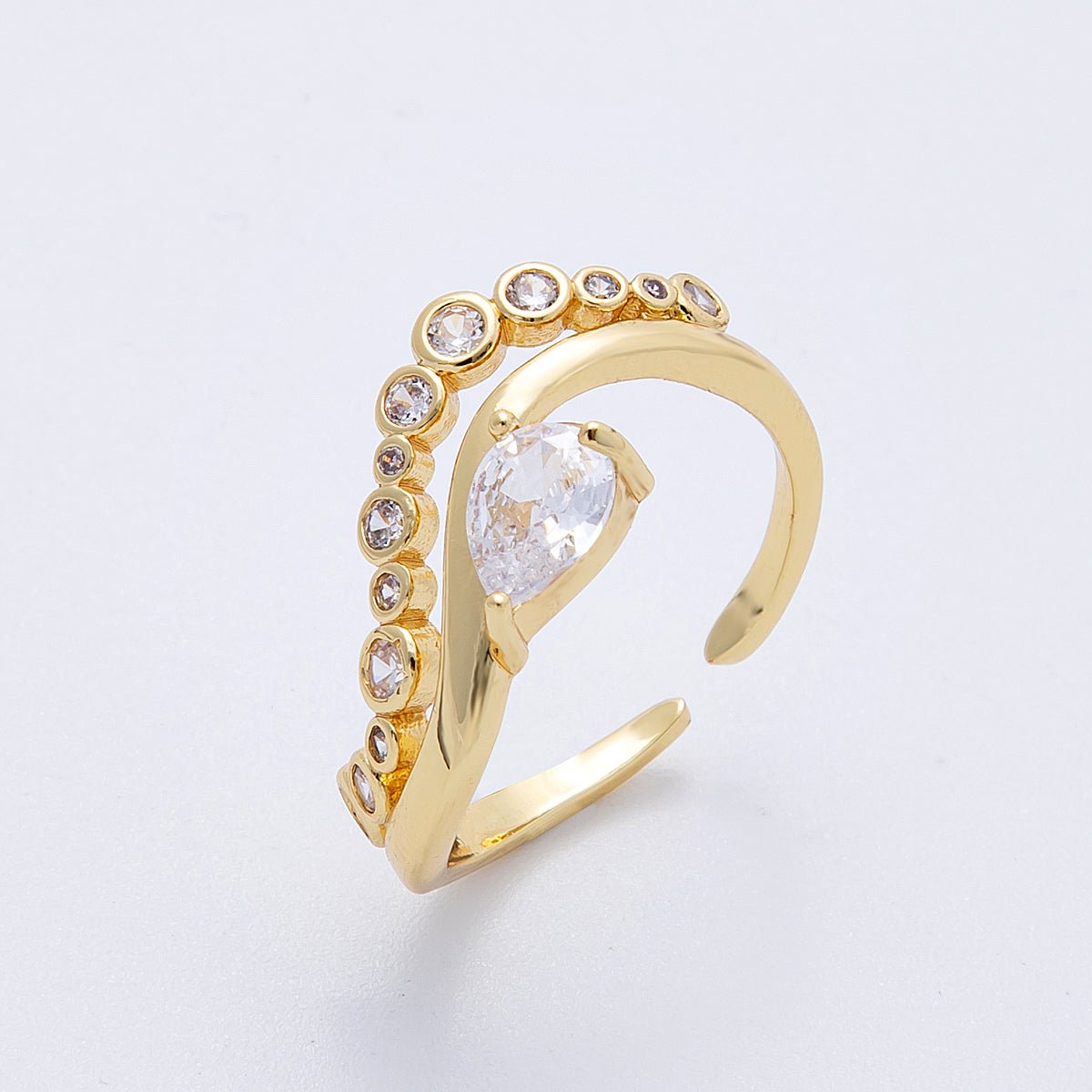 16K Gold Filled Clear CZ Teardrop Round Gradient Curved Ring in Gold & Silver | Rings - 00005 Rings - 00006 - DLUXCA