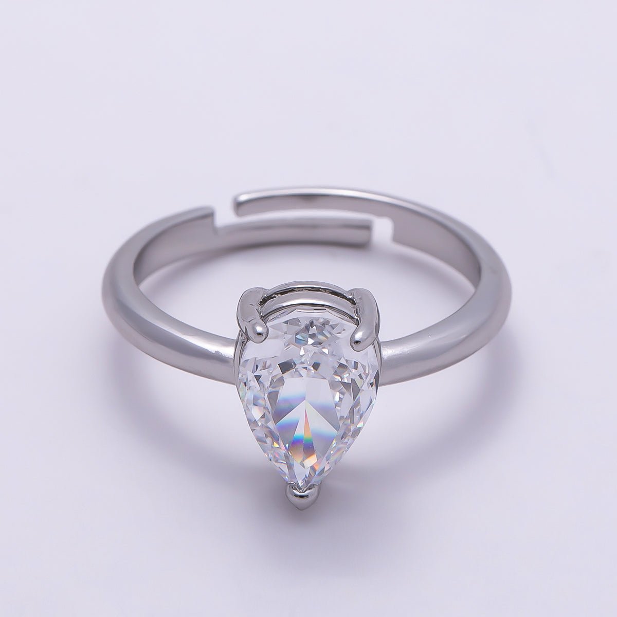 16K Gold Filled Clear CZ Teardrop Solitaire Adjustable Ring in Gold & Silver | Rings-00092 Rings-00121 - DLUXCA