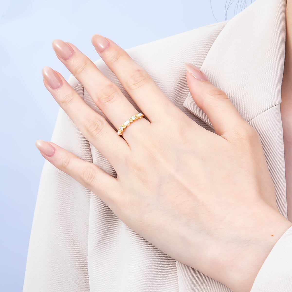 16K Gold Filled Clear CZ White Opal Gemstone Adjustable Ring | Rings-00141 - DLUXCA