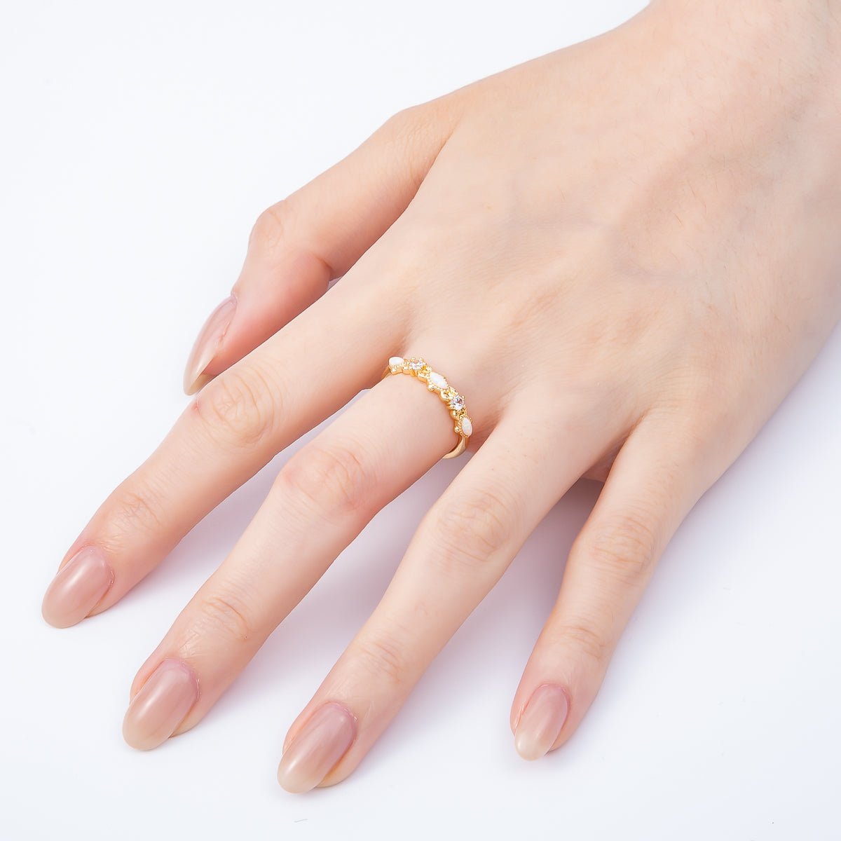 16K Gold Filled Clear CZ White Opal Gemstone Adjustable Ring | Rings-00141 - DLUXCA