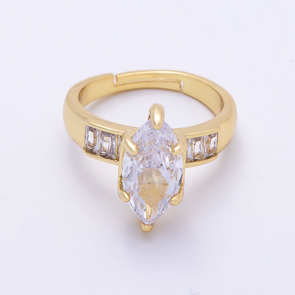 16K Gold Filled Clear Marquise Baguette CZ Adjustable Ring in Gold & Silver | Rings-00291 Rings-00292 - DLUXCA