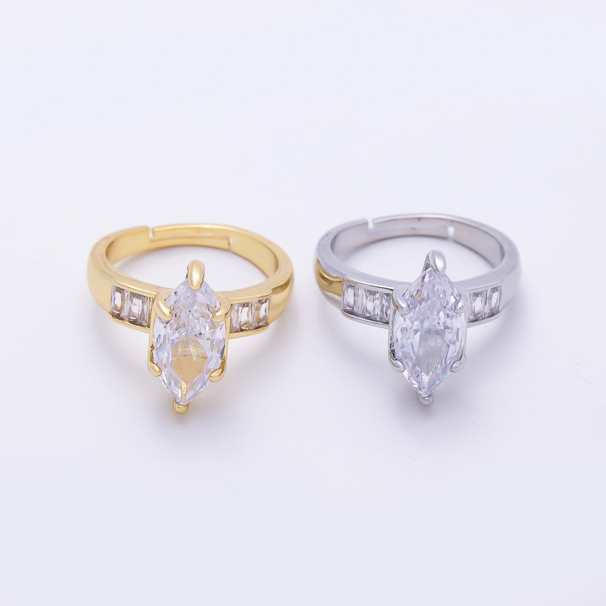 16K Gold Filled Clear Marquise Baguette CZ Adjustable Ring in Gold & Silver | Rings-00291 Rings-00292 - DLUXCA