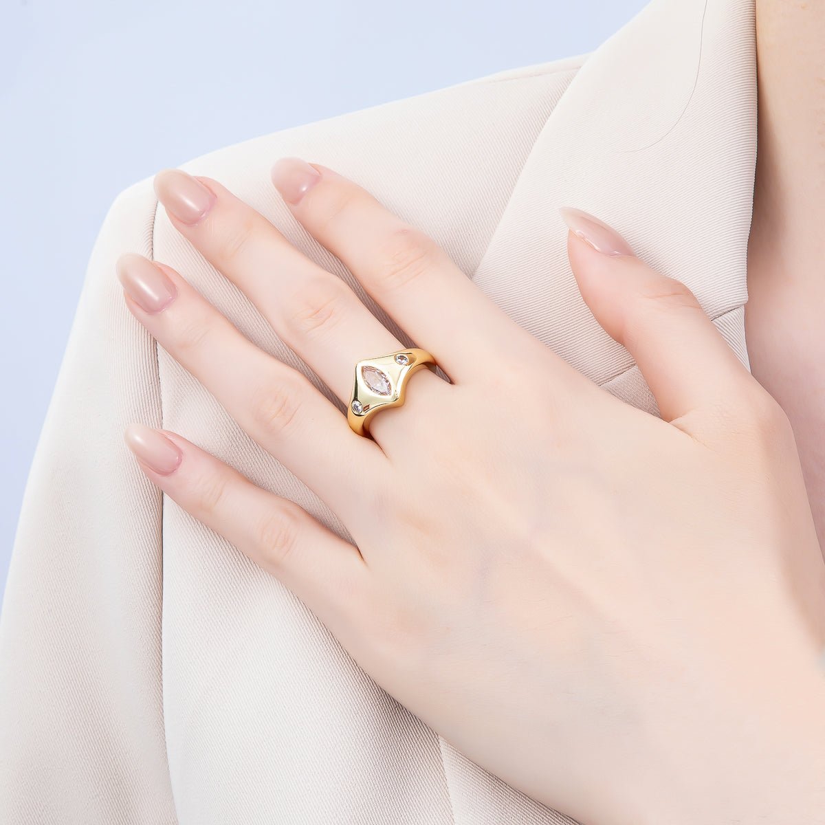 16K Gold Filled Clear Marquise CZ Dotted Chevron Signet Adjustable Ring | Rings-00122 - DLUXCA