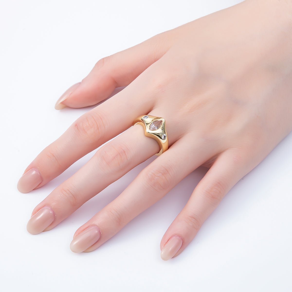 16K Gold Filled Clear Marquise CZ Dotted Chevron Signet Adjustable Rin