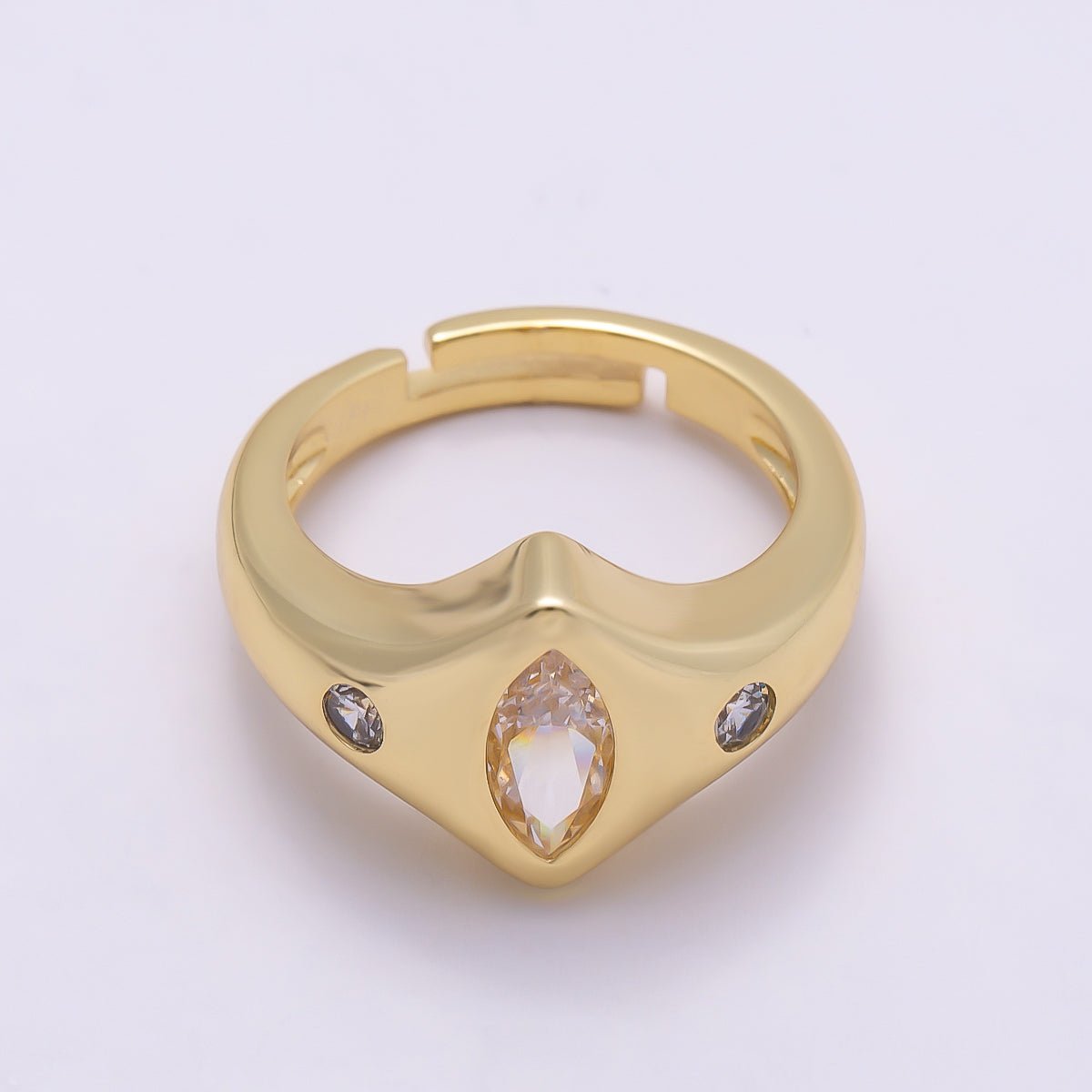 16K Gold Filled Clear Marquise CZ Dotted Chevron Signet Adjustable Ring | Rings-00122 - DLUXCA