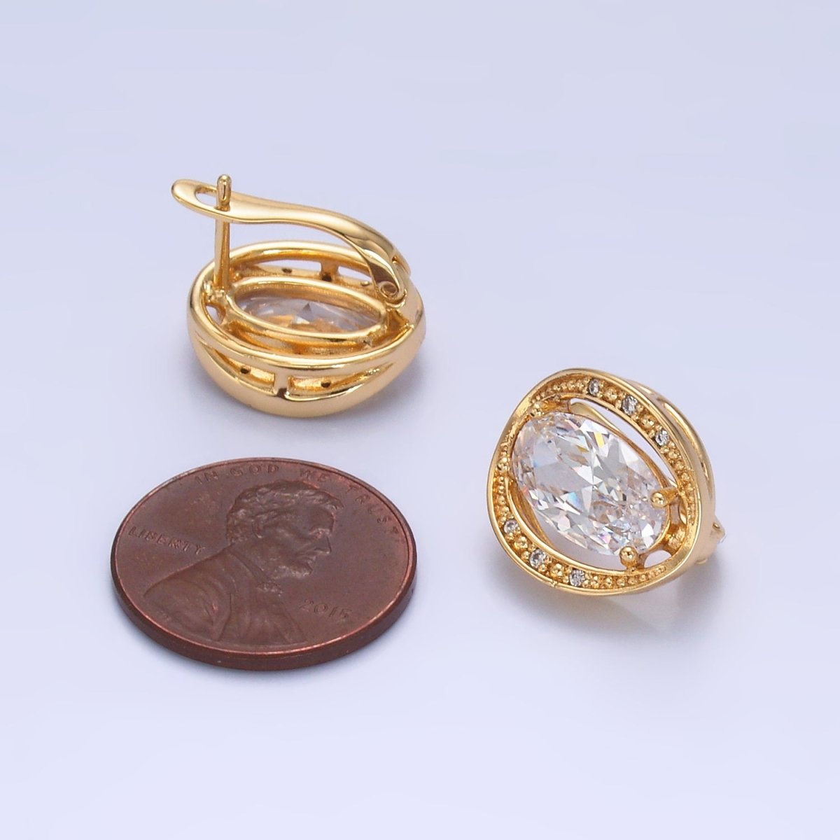 16K Gold Filled Clear Oval CZ Circular Micro Pave Latch Earrings | Earrings - 568 - DLUXCA