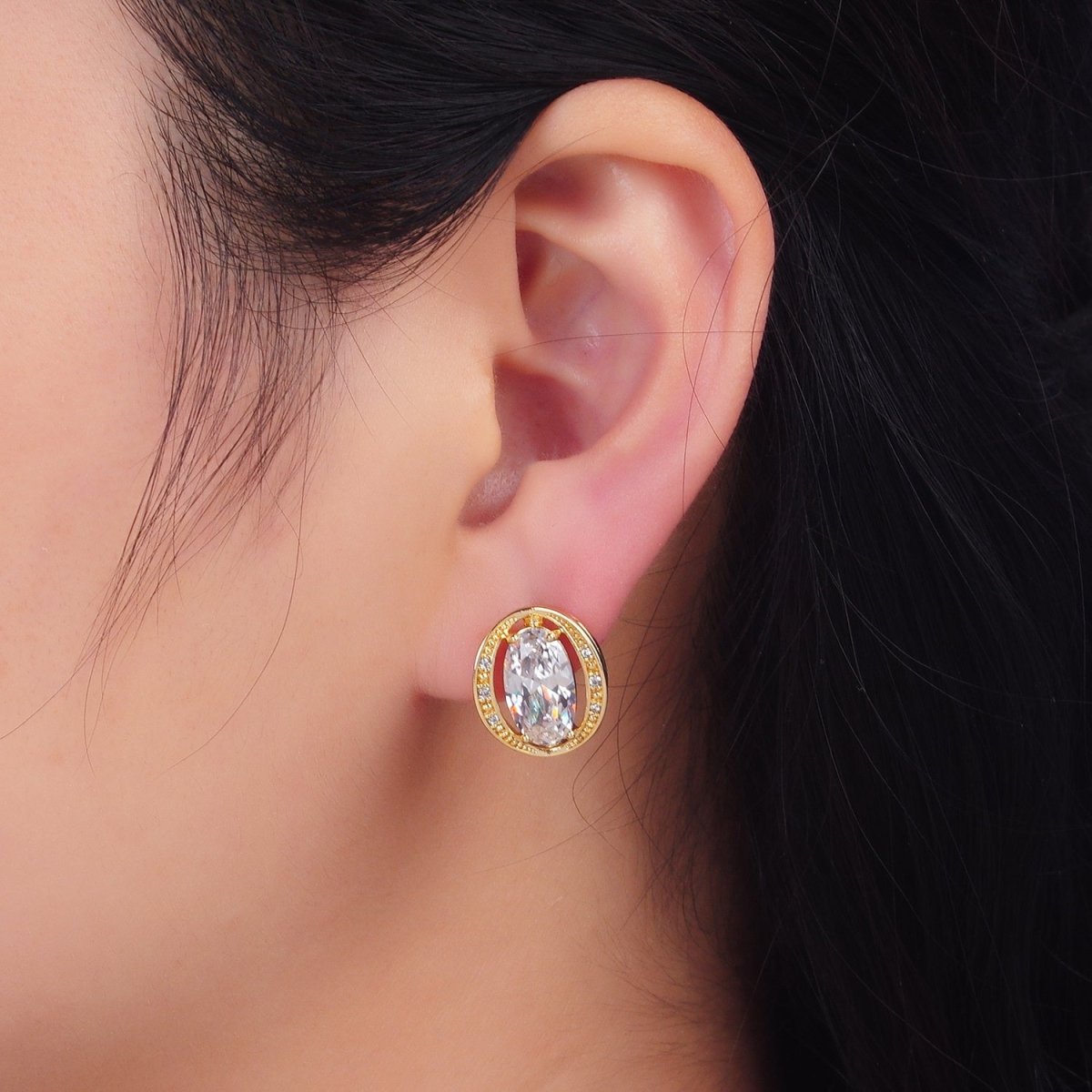 16K Gold Filled Clear Oval CZ Circular Micro Pave Latch Earrings | Earrings - 568 - DLUXCA