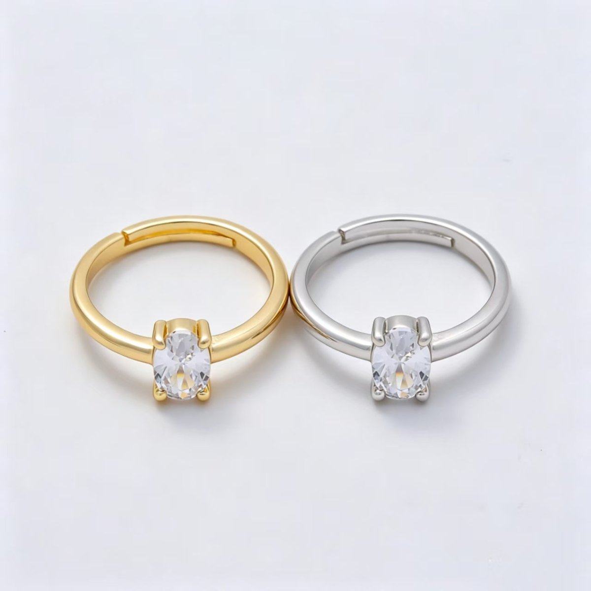 16K Gold Filled Clear Oval CZ Solitaire Adjustable Ring in Gold & Silver | Rings-00147 Rings-00148 - DLUXCA