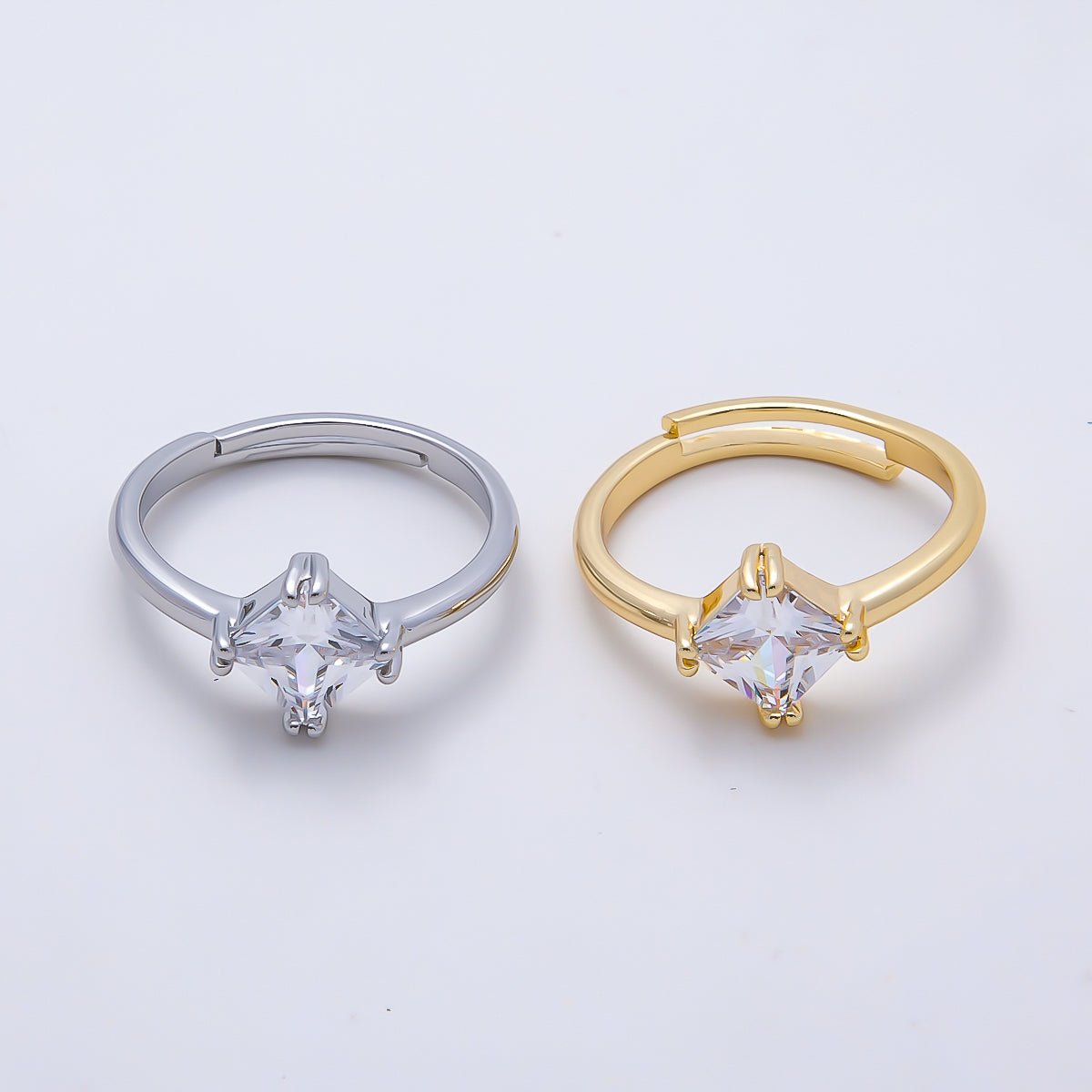 16K Gold Filled Clear Rhombus CZ Solitaire Adjustable Ring in Gold & Silver | Rings-00157 Rings-00158 - DLUXCA
