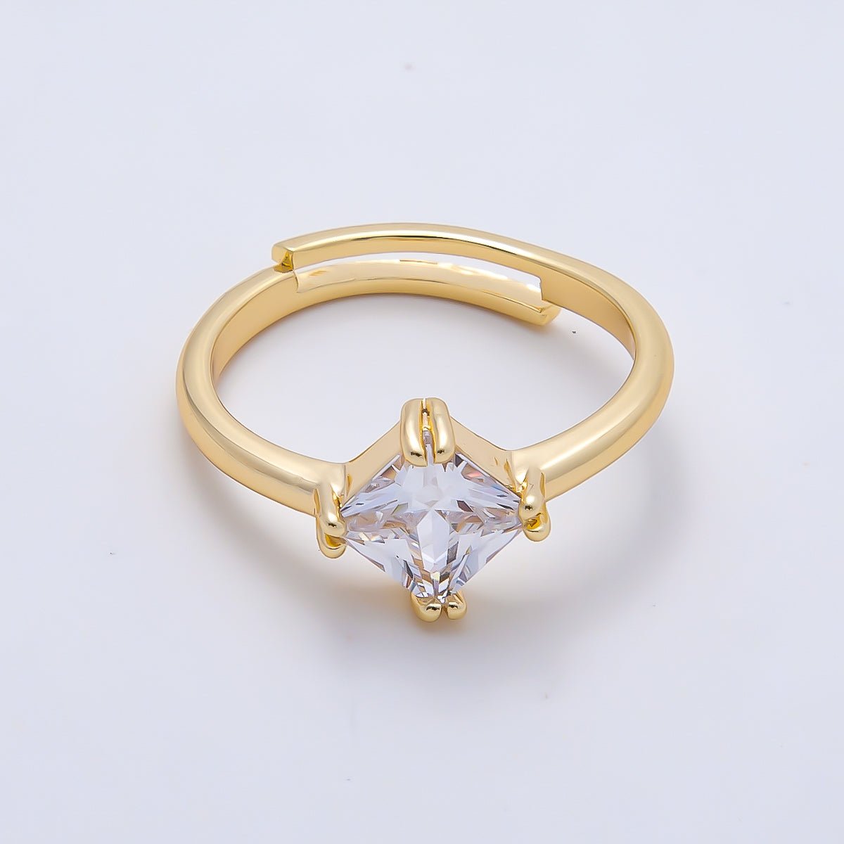 16K Gold Filled Clear Rhombus CZ Solitaire Adjustable Ring in Gold & Silver | Rings-00157 Rings-00158 - DLUXCA