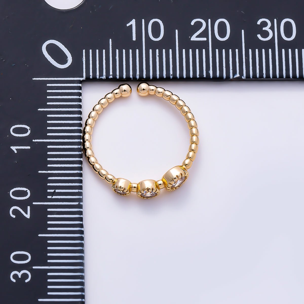 16K Gold Filled Clear Round CZ Trio Beaded Band Open Adjustable Pinky Ring | Rings-00382 - DLUXCA