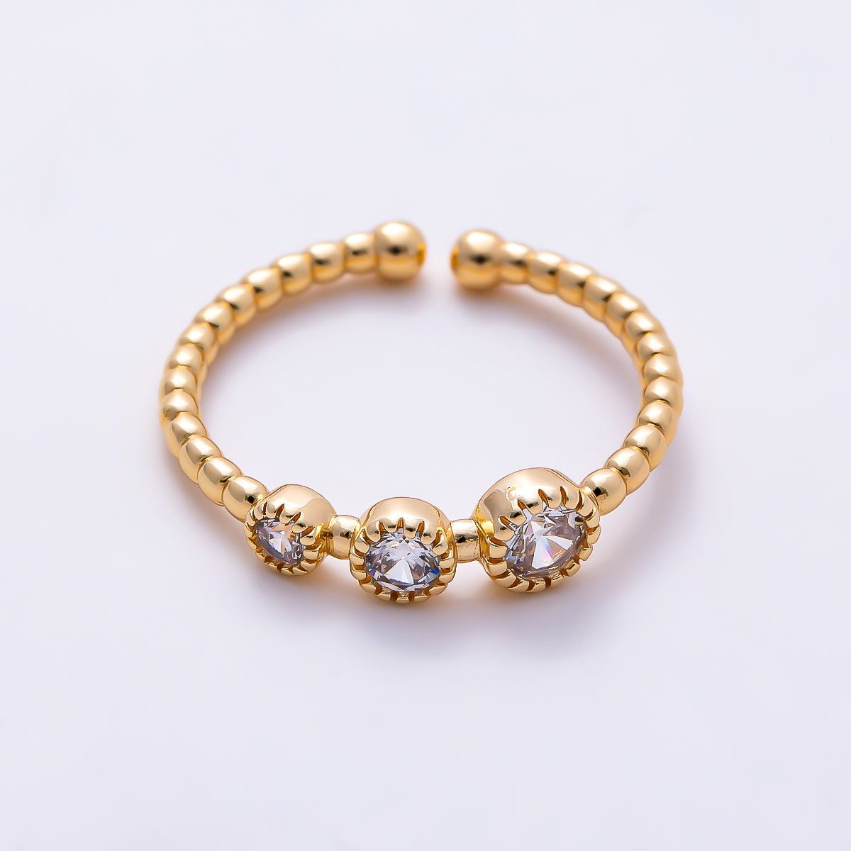 16K Gold Filled Clear Round CZ Trio Beaded Band Open Adjustable Pinky Ring | Rings-00382 - DLUXCA