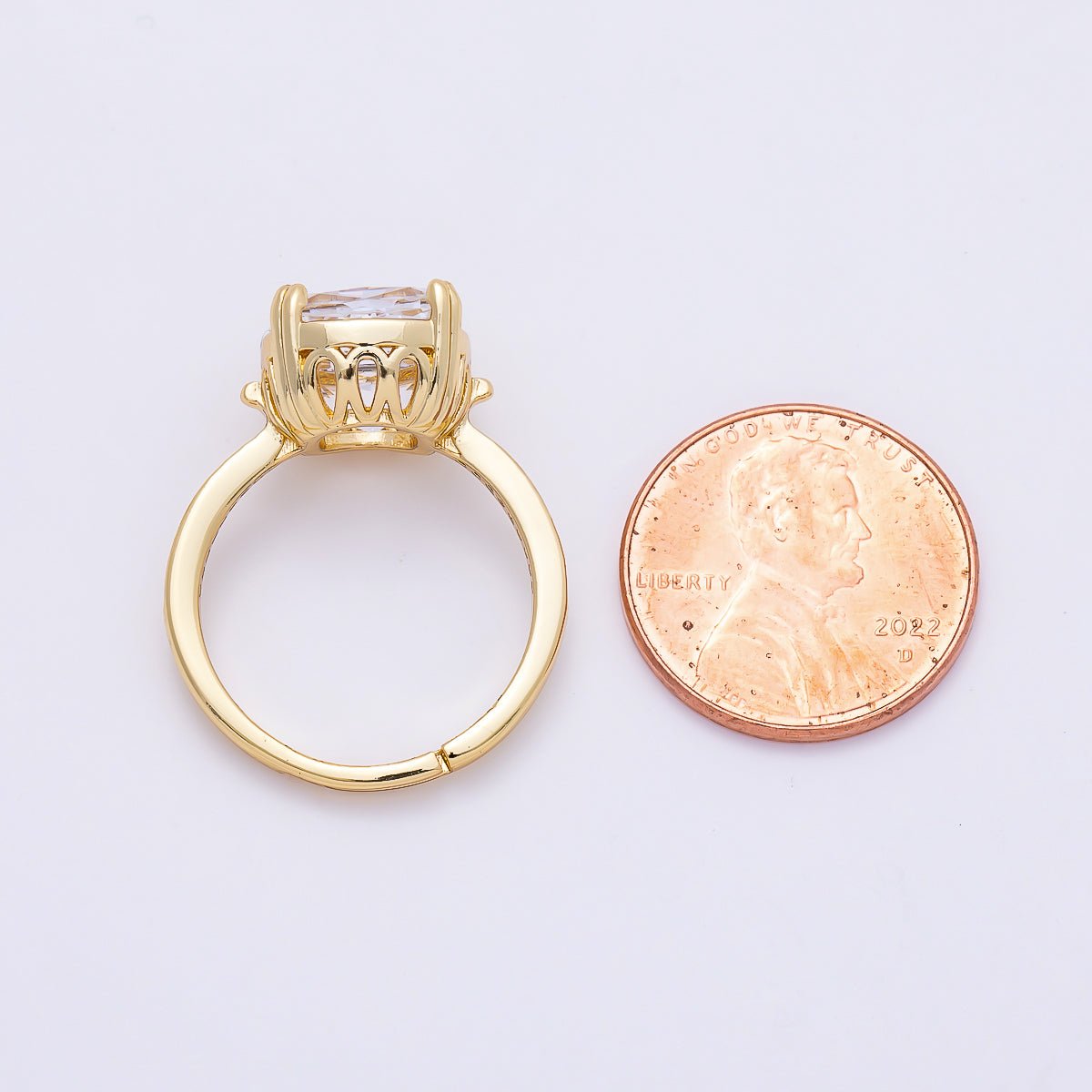 16K Gold Filled Clear Rounded Square Baguette Prong Micro Paved CZ Ring | Rings-00290 - DLUXCA