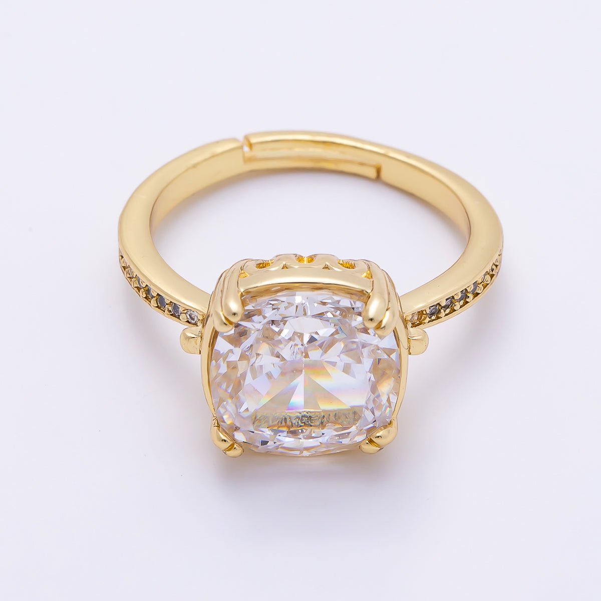 16K Gold Filled Clear Rounded Square Baguette Prong Micro Paved CZ Ring | Rings-00290 - DLUXCA