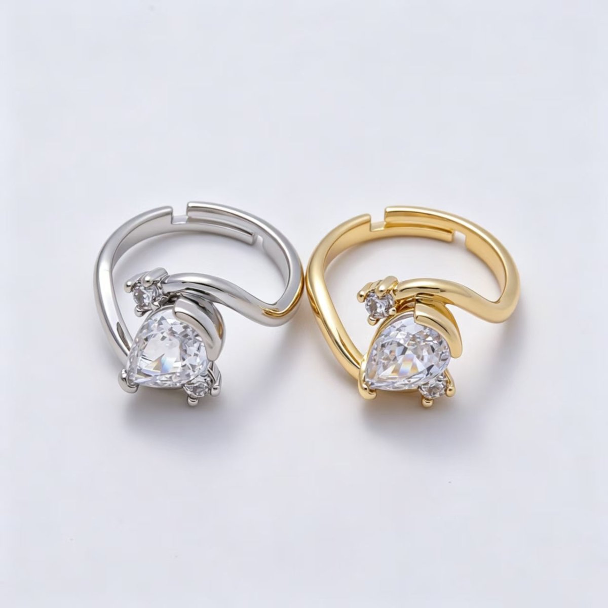 16K Gold Filled Clear Teardrop CZ Curved Solitaire Ring in Gold & Silver | Rings-00123 Rings-00171 - DLUXCA
