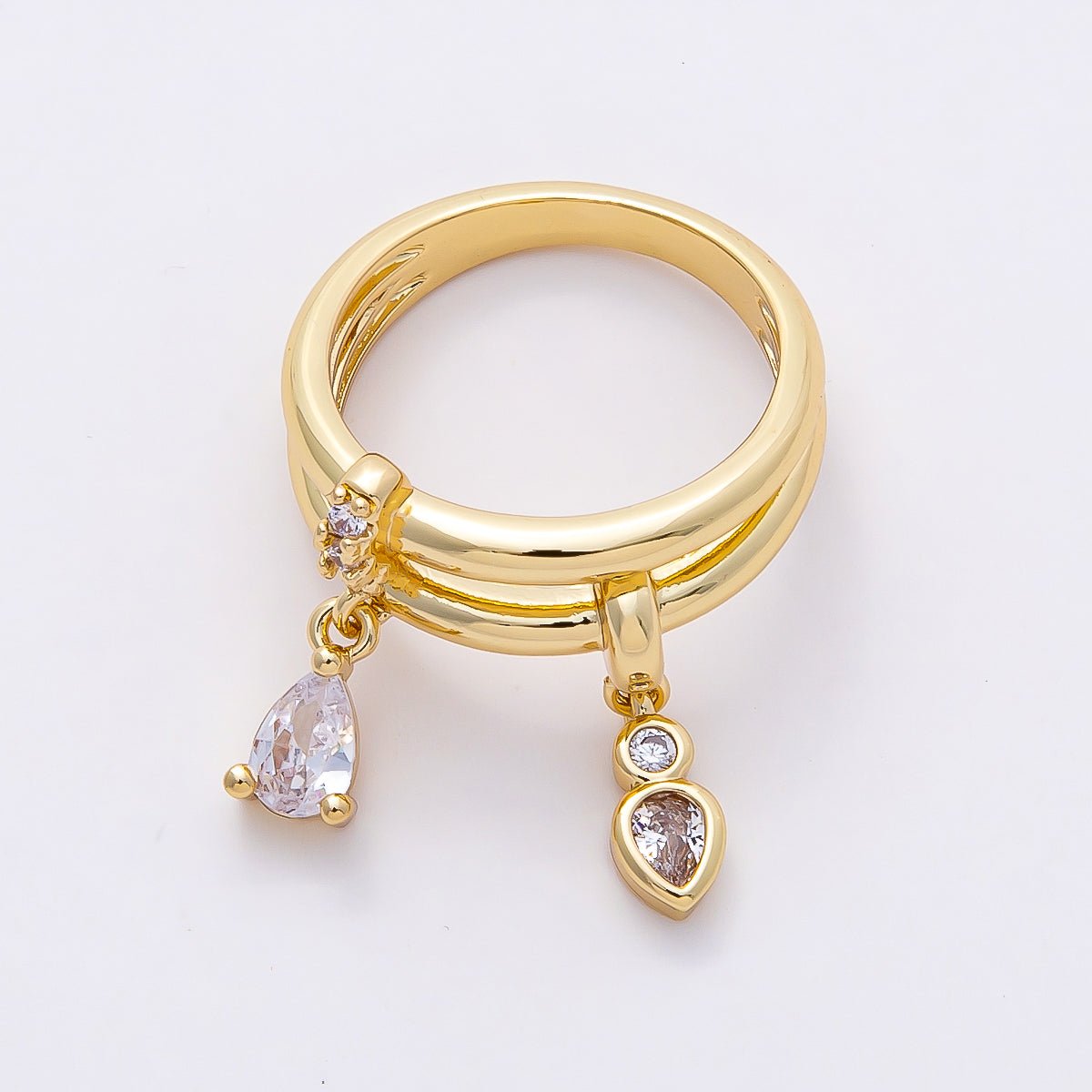 16K Gold Filled Clear Teardrop CZ Drop Double Band Ring | Rings - 00115 - DLUXCA