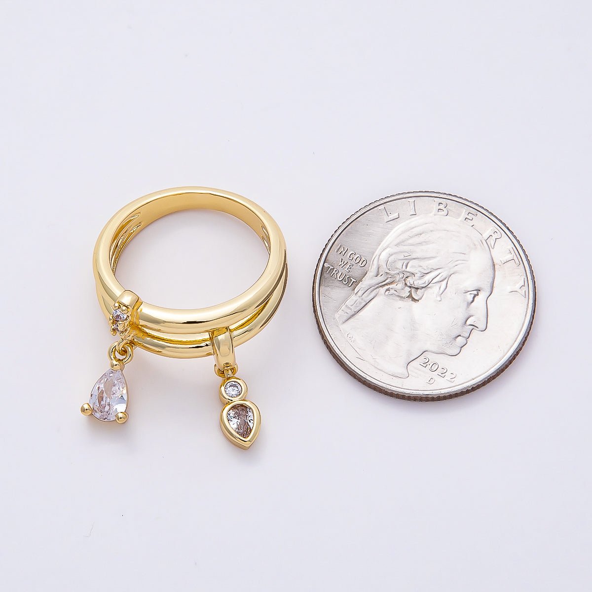 16K Gold Filled Clear Teardrop CZ Drop Double Band Ring | Rings - 00115 - DLUXCA