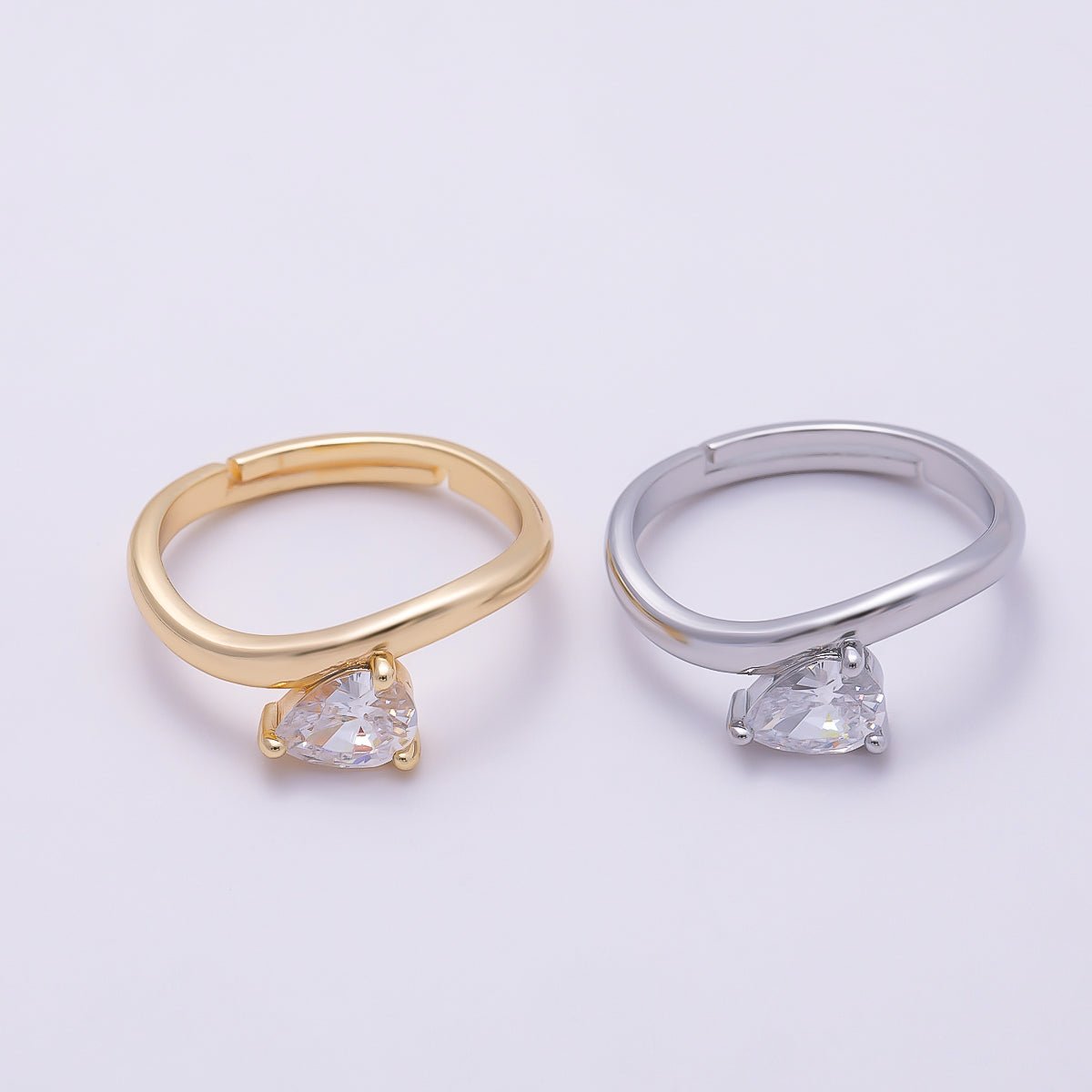 16K Gold Filled Clear Teardrop CZ Solitaire Curved Ring in Gold & Silver | Rings-00130 Rings-00131 - DLUXCA