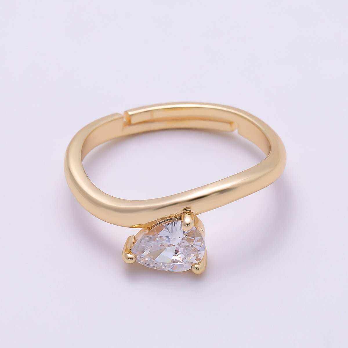 16K Gold Filled Clear Teardrop CZ Solitaire Curved Ring in Gold & Silver | Rings-00130 Rings-00131 - DLUXCA