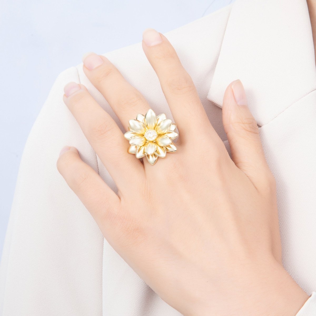 16K Gold Filled Clear, Turquoise Micro Paved CZ Flower Ring | Rings-00330 Rings-00331 - DLUXCA